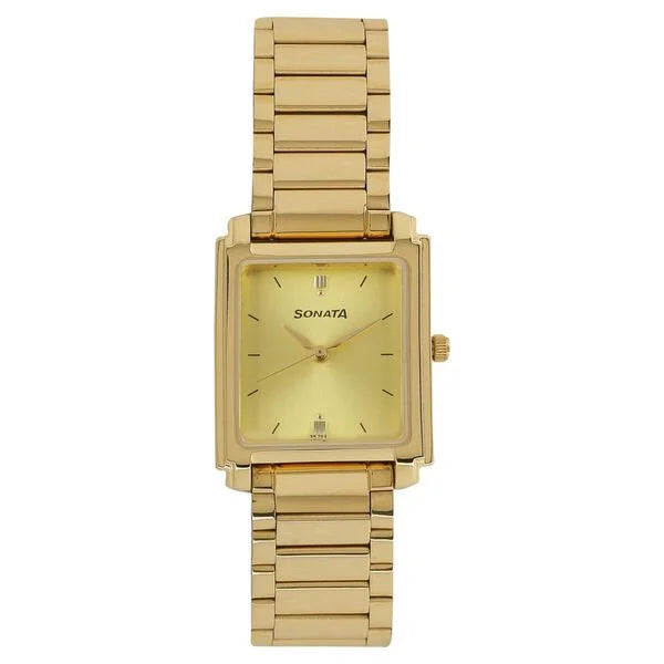 Sonata Quartz Analog Champagne Dial Metal Strap Watch for Men - 7053YM02