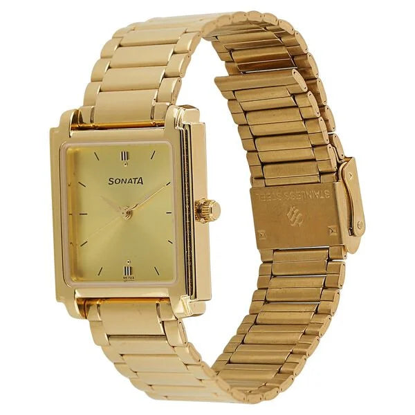 Sonata Quartz Analog Champagne Dial Metal Strap Watch for Men - 7053YM02 - KRISHNA WATCH COMPANY