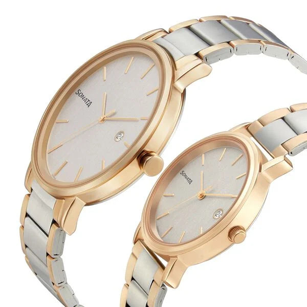 Sonata Quartz Analog with Date White Dial Metal Strap Watch for Couple 713187029KM019P - KRISHNA WATCH COMPANY