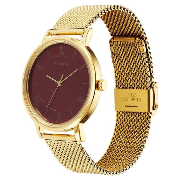 Sonata Utsav Quartz Analog Red Dial Stainless Steel Strap Watch for Men 7131ym03 - KRISHNA WATCH COMPANY