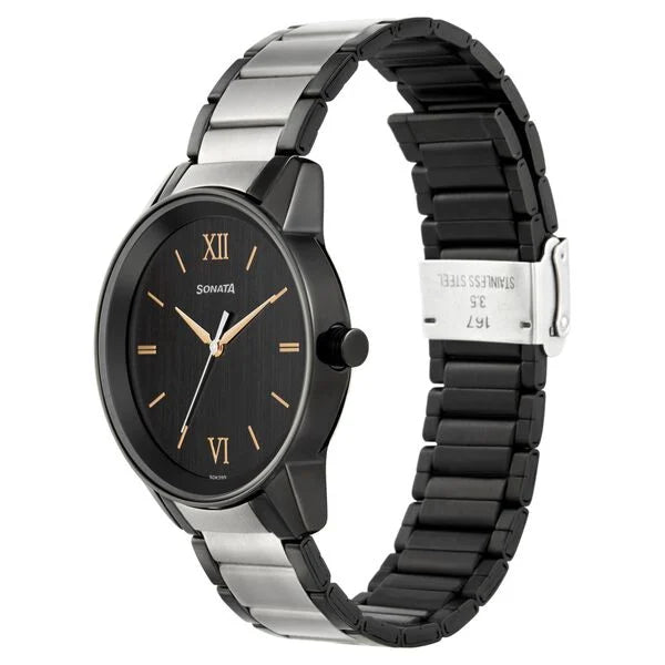 Sonata Quartz Analog Black Dial Metal Strap Watch for Men - 7133KM03 - KRISHNA WATCH COMPANY