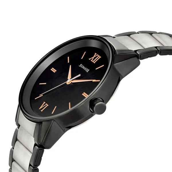 Sonata Quartz Analog Black Dial Metal Strap Watch for Men - 7133KM03 - KRISHNA WATCH COMPANY