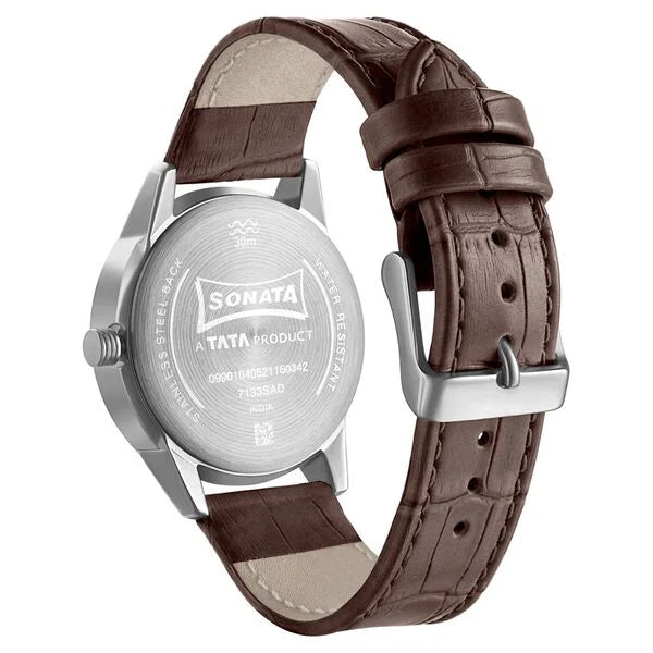 Sonata Quartz Multifunction Silver Dial Leather Strap Watch for Men 7133sl01 - KRISHNA WATCH COMPANY