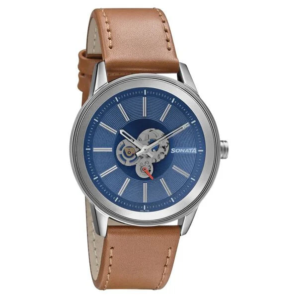 Sonata skeleton Unveil Watch With Blue Dial & Leather Strap 7133SL02 - KRISHNA WATCH COMPANY
