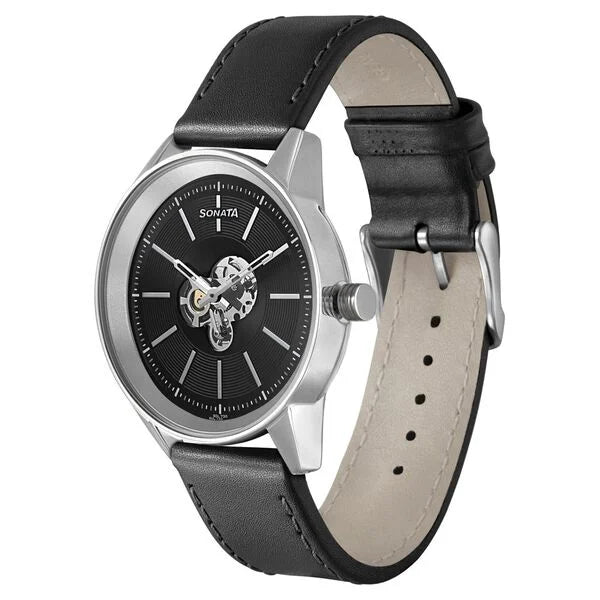 Sonata Unveil Watch With Black Dial & Leather Strap - 7133SL03 - KRISHNA WATCH COMPANY