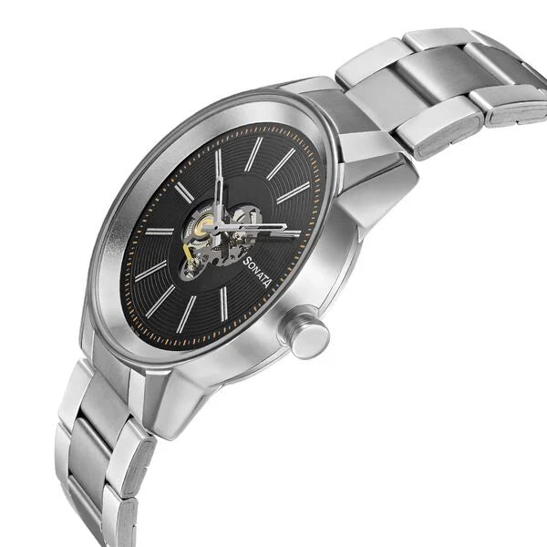 Sonata Quartz Multifunction Black Dial Stainless Steel Strap Watch for Men nr7133sm01 - KRISHNA WATCH COMPANY
