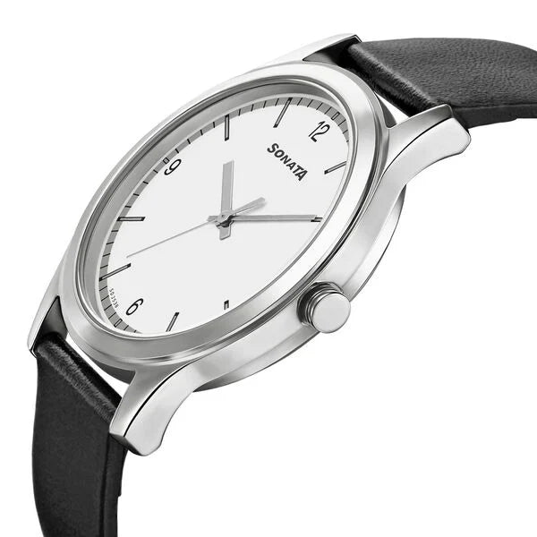 Sonata Quartz Analog White Dial Leather Strap Watch for Men - 7135SL04 - KRISHNA WATCH COMPANY