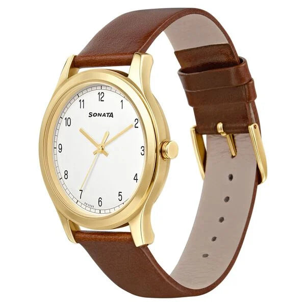 Sonata Quartz Analog White Dial Leather Strap Watch for Men - 7135YL01 - KRISHNA WATCH COMPANY
