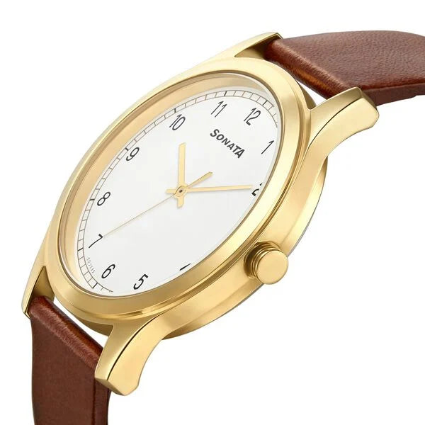 Sonata Quartz Analog White Dial Leather Strap Watch for Men - 7135YL01 - KRISHNA WATCH COMPANY