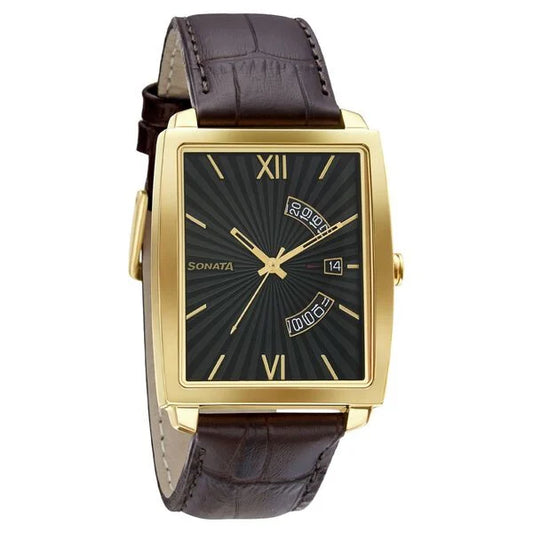 Sonata Quartz Analog with Date Leather Strap Watch for Men 7143yl02