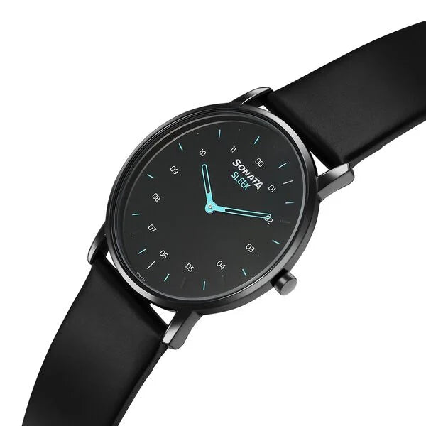 Sonata Sleek Quartz Analog Black Dial Black Leather Strap Watch For Men - 7152NL01 - KRISHNA WATCH COMPANY