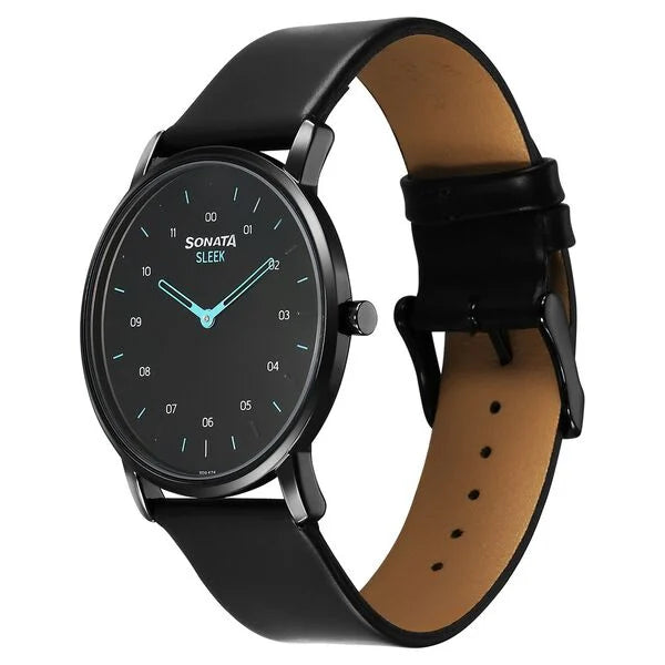 Sonata Sleek Quartz Analog Black Dial Black Leather Strap Watch For Men - 7152NL01 - KRISHNA WATCH COMPANY