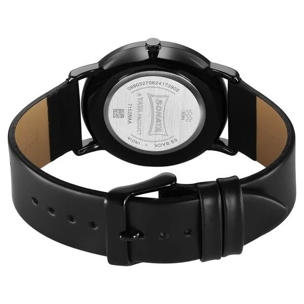 Sonata Sleek Quartz Analog Black Dial Black Leather Strap Watch For Men - 7152NL01 - KRISHNA WATCH COMPANY