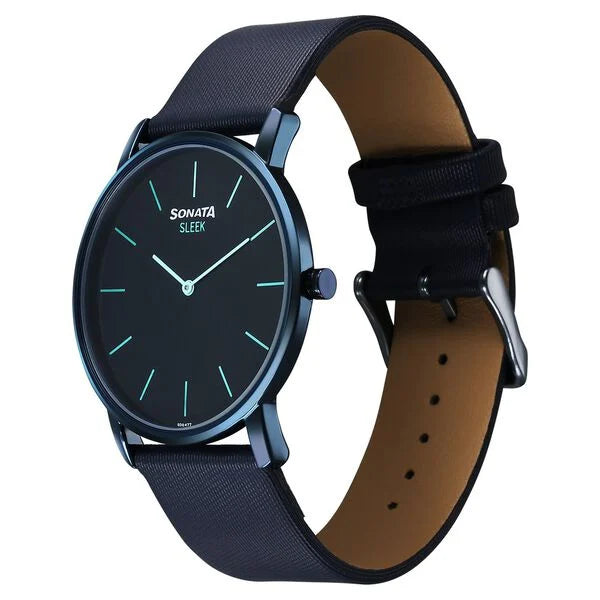 Sonata Sleek Quartz Analog Blue Dial Blue Leather Strap Watch For Men 7152ql01 - KRISHNA WATCH COMPANY