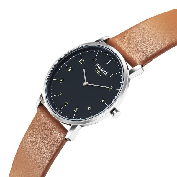 Sonata Sleek Quartz Analog Grey Dial Tan Leather Strap Watch For Men 7152sl01 - KRISHNA WATCH COMPANY