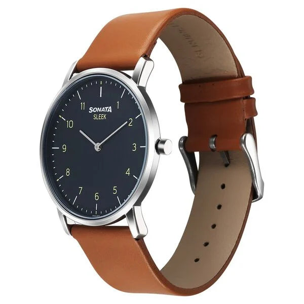 Sonata Sleek Quartz Analog Grey Dial Tan Leather Strap Watch For Men 7152sl01 - KRISHNA WATCH COMPANY