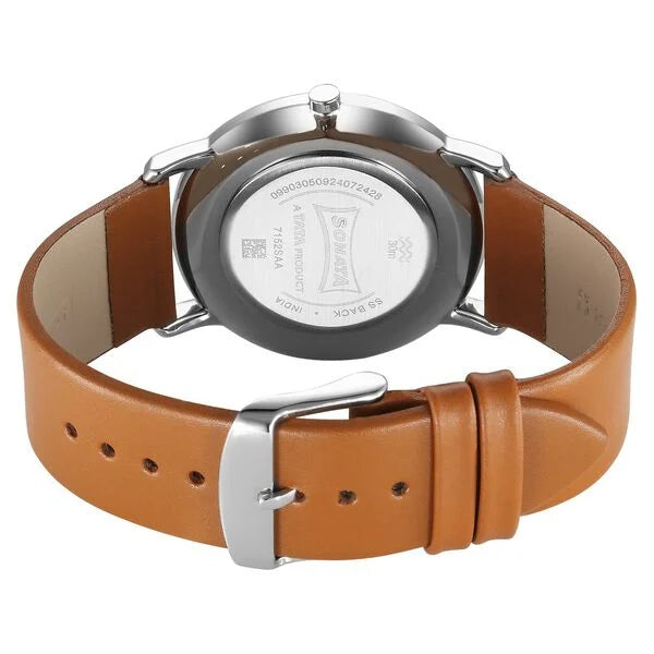 Sonata Sleek Quartz Analog Grey Dial Tan Leather Strap Watch For Men 7152sl01 - KRISHNA WATCH COMPANY