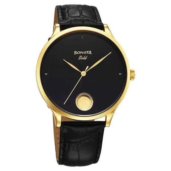 Sonata’s first ever watch embedded with a 22kt 0.15 gms gold coin on the dial watch for Men - 7153YL01 - KRISHNA WATCH COMPANY