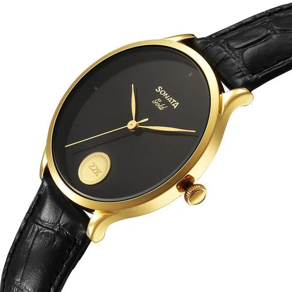 Sonata’s first ever watch embedded with a 22kt 0.15 gms gold coin on the dial watch for Men - 7153YL01 - KRISHNA WATCH COMPANY