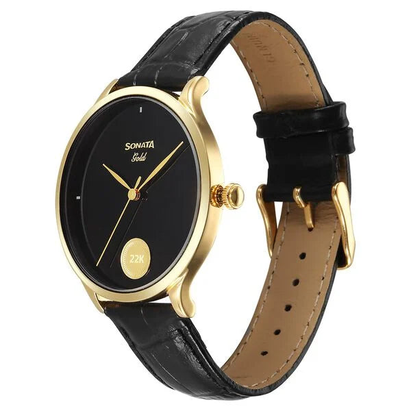 Sonata’s first ever watch embedded with a 22kt 0.15 gms gold coin on the dial watch for Men - 7153YL01 - KRISHNA WATCH COMPANY