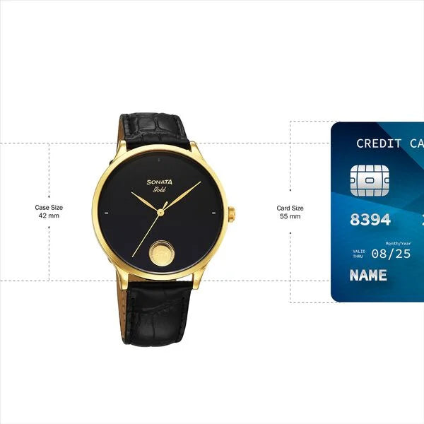 Sonata’s first ever watch embedded with a 22kt 0.15 gms gold coin on the dial watch for Men - 7153YL01 - KRISHNA WATCH COMPANY