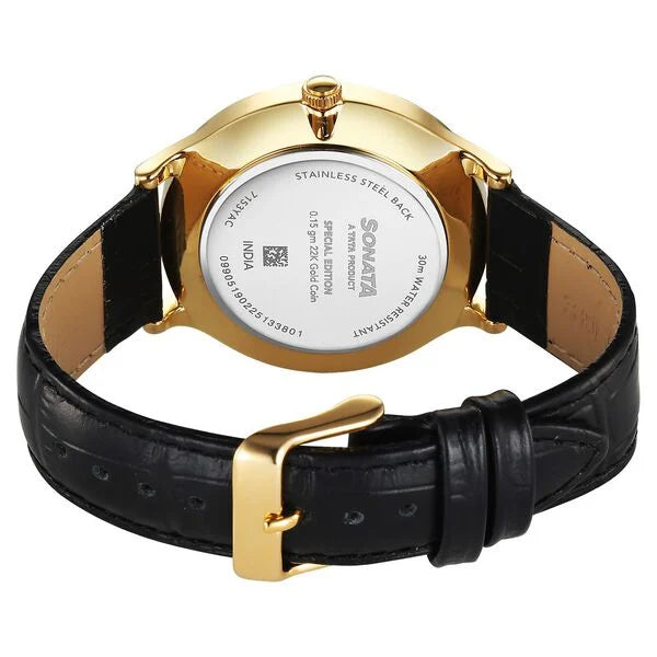 Sonata’s first ever watch embedded with a 22kt 0.15 gms gold coin on the dial watch for Men - 7153YL01 - KRISHNA WATCH COMPANY