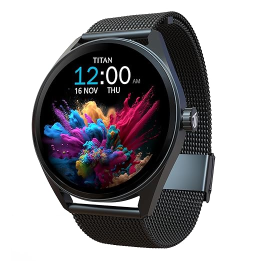Titan Crest with 3.63 cm AMOLED Display with AOD, Functional Crown, BT Calling Smartwatch with Black Mesh Strap 90197am01 - KRISHNA WATCH COMPANY