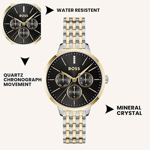 Boss Symphony Le Qtz Multifunction Black Round Dial Women's Watch|Two Tone Stainless Steel Material|Silver Color Band - 1502783 - KRISHNA WATCH COMPANY