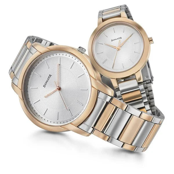 Sonata Quartz Analog Silver Dial Metal Strap Watch for Couple ns770318141km01p - KRISHNA WATCH COMPANY