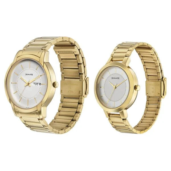 Sonata Quartz Analog White Dial Metal Strap Watch for Couple ns770318141ym01p - KRISHNA WATCH COMPANY