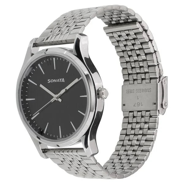 Sonata Quartz Analog Black Dial Watch for Men - 77082SM01 - KRISHNA WATCH COMPANY