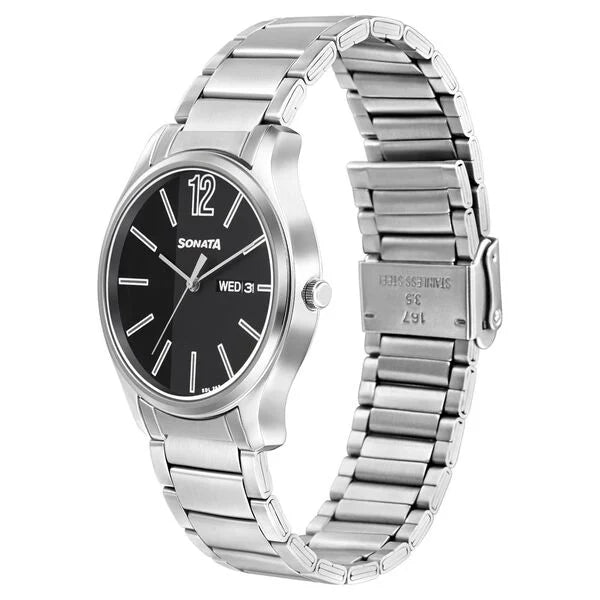 Sonata Quartz Analog with Day and Date Black Dial Watch for Men - 77082SM03W - KRISHNA WATCH COMPANY