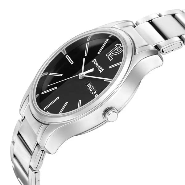 Sonata Quartz Analog with Day and Date Black Dial Watch for Men - 77082SM03W - KRISHNA WATCH COMPANY
