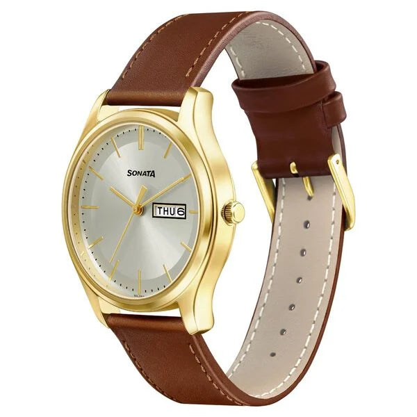 Sonata Quartz Analog with Day and Date Champagne Dial Leather Strap Watch for Men 77082yl06w - KRISHNA WATCH COMPANY