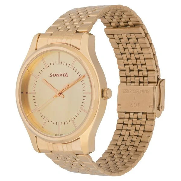 Sonata Quartz Analog Champagne Dial Watch for Men - 77082YM02 - KRISHNA WATCH COMPANY