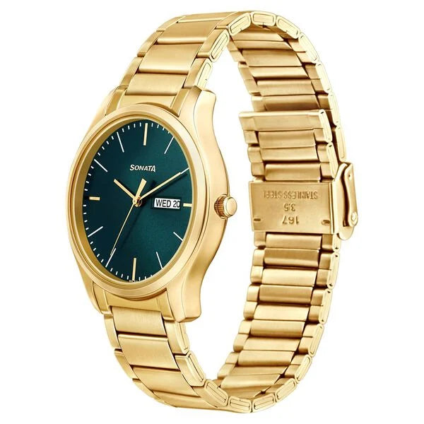 Sonata Quartz Analog with Day and Date Green Watch for Men - 77082YM05 - KRISHNA WATCH COMPANY