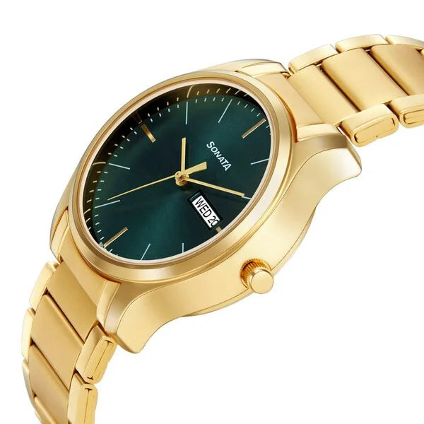 Sonata Quartz Analog with Day and Date Green Watch for Men - 77082YM05 - KRISHNA WATCH COMPANY