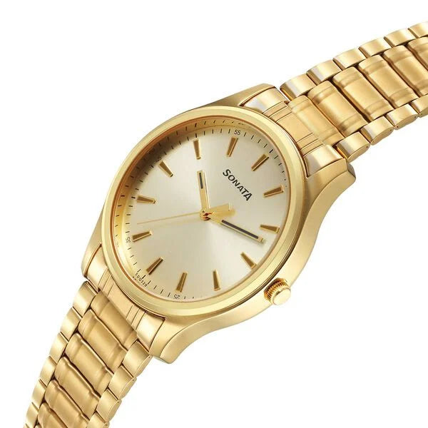 Sonata Traditional Essentials Quartz Analog Champagne Dial Stainless Steel Strap Watch for Men 77082ym11 - KRISHNA WATCH COMPANY