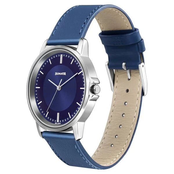 Sonata Quartz Analog Blue Dial Leather Strap Watch for Men 77083sl07w