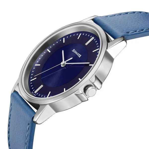Sonata Quartz Analog Blue Dial Leather Strap Watch for Men 77083sl07w