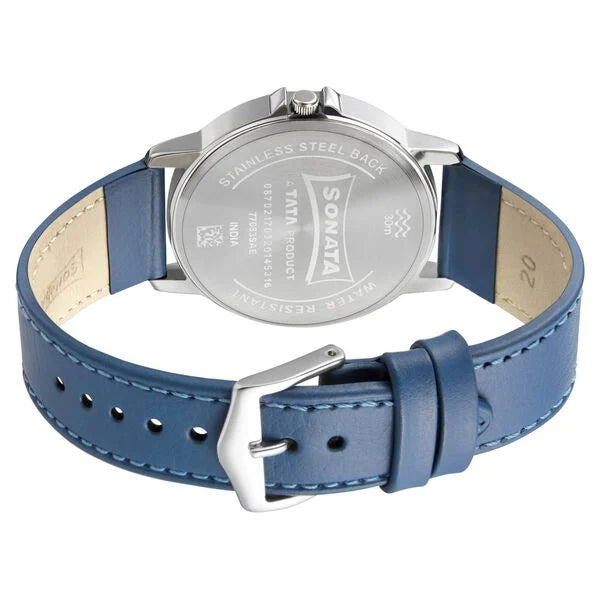Sonata Quartz Analog Blue Dial Leather Strap Watch for Men 77083sl07w