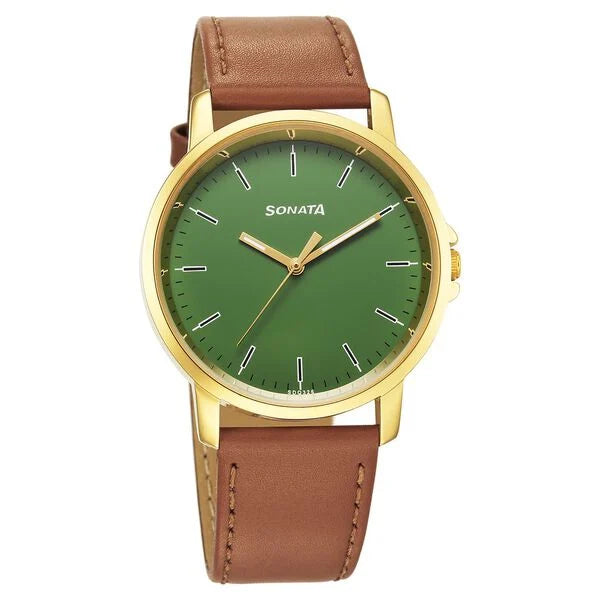 Sonata Traditional Essentials Quartz Analog Green Dial Leather Strap Watch for Men 77083yl04 - KRISHNA WATCH COMPANY