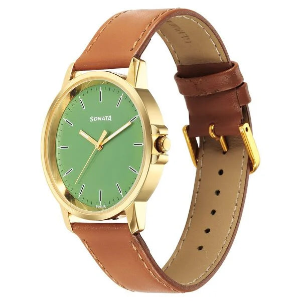Sonata Traditional Essentials Quartz Analog Green Dial Leather Strap Watch for Men 77083yl04 - KRISHNA WATCH COMPANY