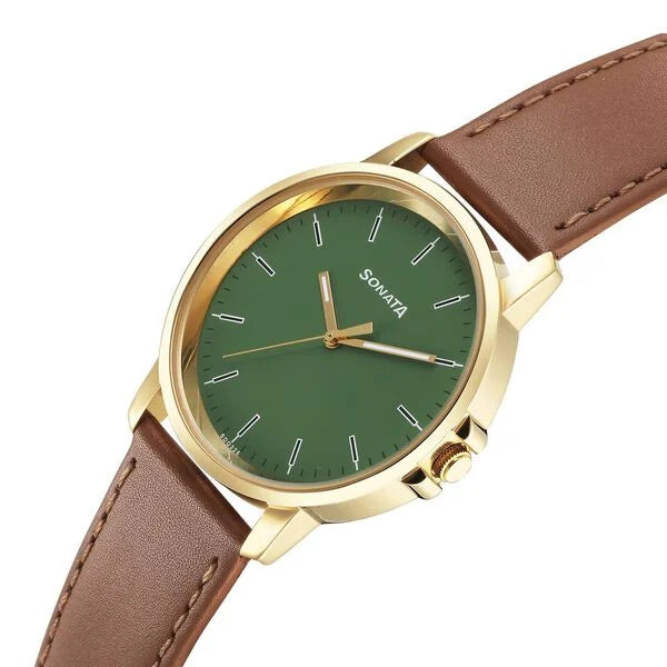 Sonata Traditional Essentials Quartz Analog Green Dial Leather Strap Watch for Men 77083yl04 - KRISHNA WATCH COMPANY