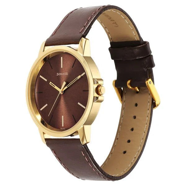 Sonata Traditional Essentials Quartz Analog Brown Dial Leather Strap Watch for Men 77083yl05 - KRISHNA WATCH COMPANY