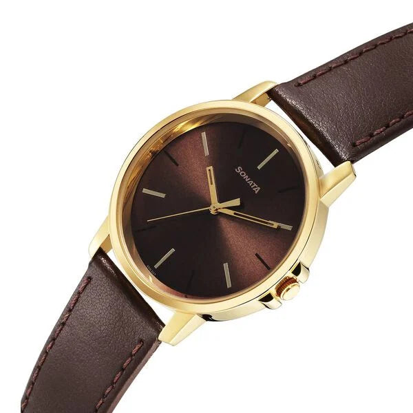 Sonata Traditional Essentials Quartz Analog Brown Dial Leather Strap Watch for Men 77083yl05 - KRISHNA WATCH COMPANY