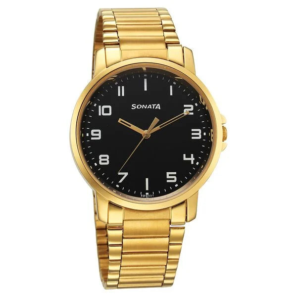 Sonata Traditional Essentials Quartz Analog Black Dial Stainless Steel Strap Watch for Men - 77083ym07 - KRISHNA WATCH COMPANY