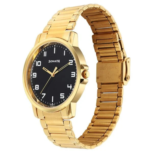 Sonata Traditional Essentials Quartz Analog Black Dial Stainless Steel Strap Watch for Men - 77083ym07 - KRISHNA WATCH COMPANY