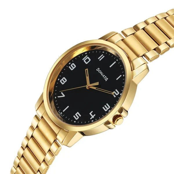Sonata Traditional Essentials Quartz Analog Black Dial Stainless Steel Strap Watch for Men - 77083ym07 - KRISHNA WATCH COMPANY