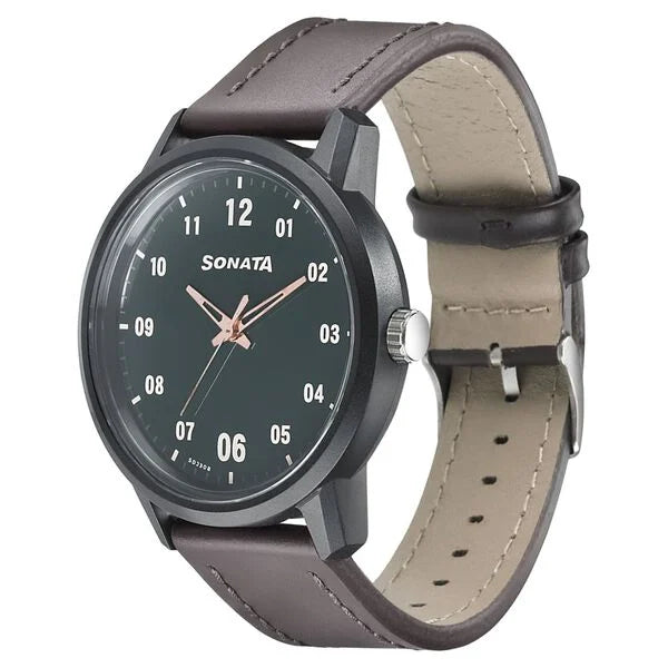 Sonata Quartz Analog Green Dial Leather Strap Watch for Men 77085pl02w - KRISHNA WATCH COMPANY